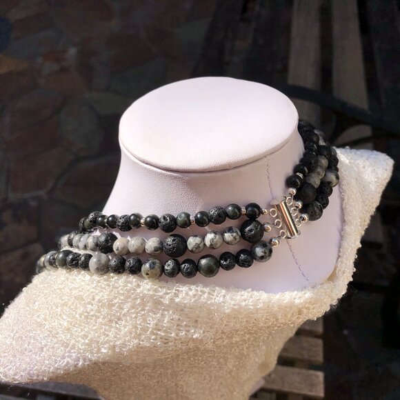 Three-strand natural stone & sterling silver beaded necklace (black/grey) - Picture 2 of 9